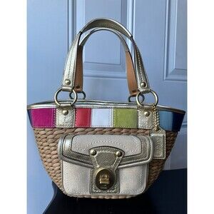 Coach LTD Ed Legacy Stripe Jasmine with Gold trim Straw Woven Tote